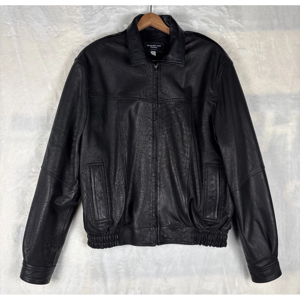 Vintage Sheepskin Coat Fact. Mens XL Black Leather Bomber Jacket Classic USA 90s